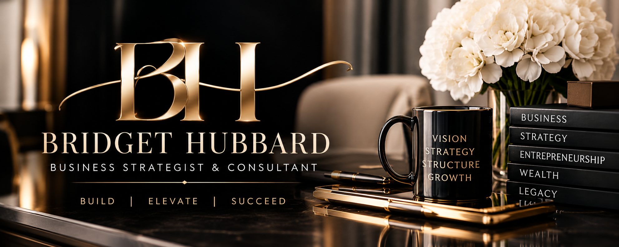 Bridget Hubbard luxury black and gold branding, BH monogram, elegant executive desk with coffee mug and cream flowers